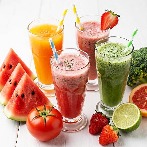 Photograph of three glass smoothies (orange, pink, green) with straws, surrounded by watermelon slices, strawberries, tomato, broccoli,