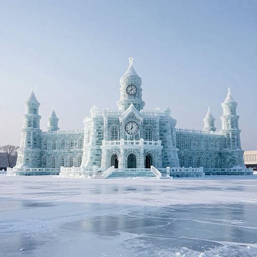 Photograph of an intricately carved, snow-white ice sculpture of a grand, Gothic-style building with a clock tower, set on a frozen, reflective