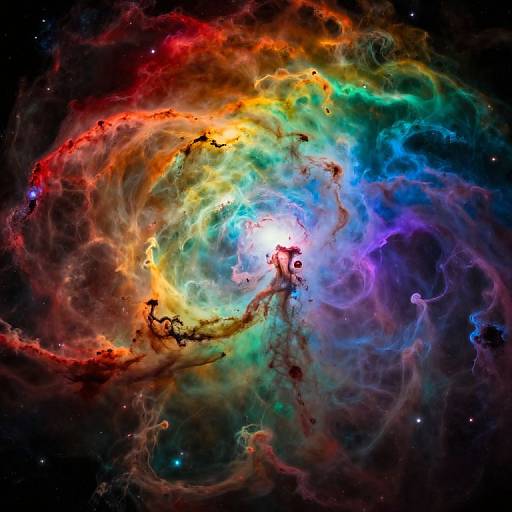 Vivid photograph of a colorful, swirling nebula with bright red, orange, yellow, green, blue, and purple gas clouds against a dark,