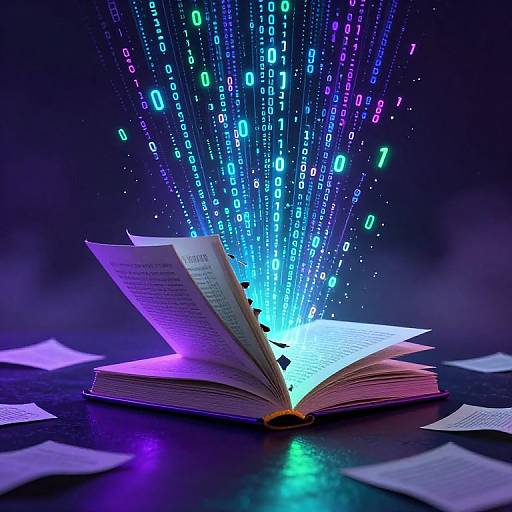 Photograph of an open book emitting blue and purple glowing binary code numbers, with scattered papers on a dark surface.