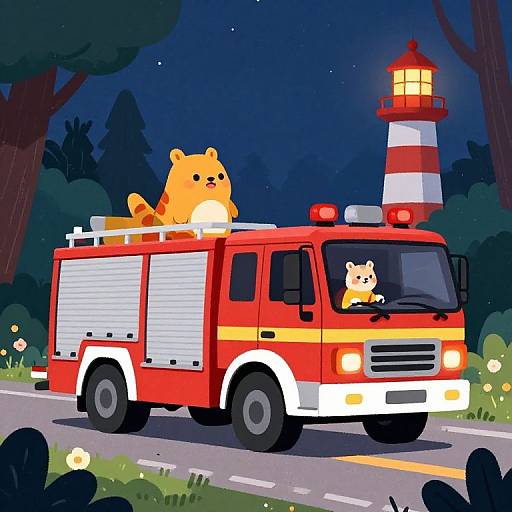 Cartoon-style image of a red fire truck with two bear characters, one on the roof and one driving, beside a striped lighthouse at night.