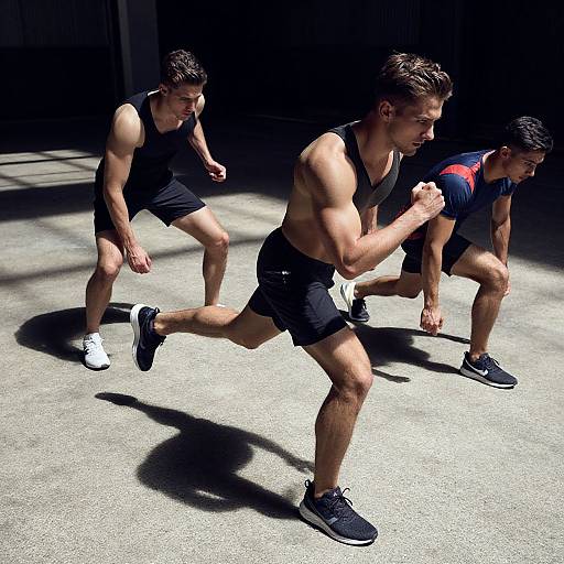 Photograph of three muscular men sprinting indoors; all wear black shorts, tank tops, and running shoes, casting sharp shadows on a sunlit concrete