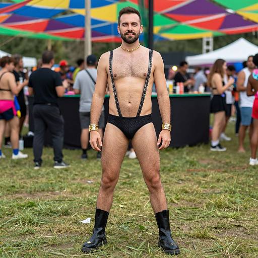 Photograph of a bearded man with green hair, wearing black suspenders, black briefs, gold bracelets, and black boots, standing confidently in