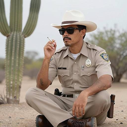 Sheriff in Desert Smoking Cigarette