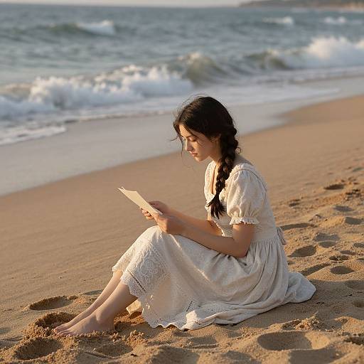 Vintage Woman Reading Letter on Beach