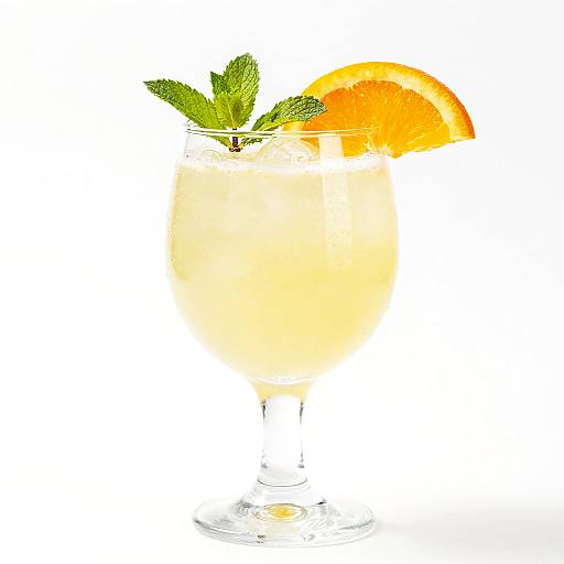 Photograph of a tall glass with a light yellow cocktail, garnished with a fresh orange slice and green mint leaves, against a white background.