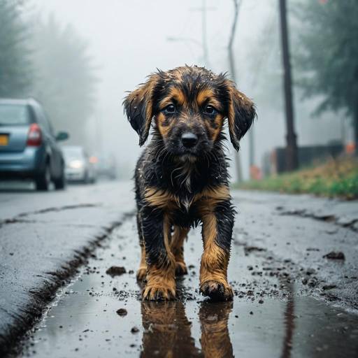Playful Puppy in a Misty Street Scene Playful Puppy in a Misty Street Scene