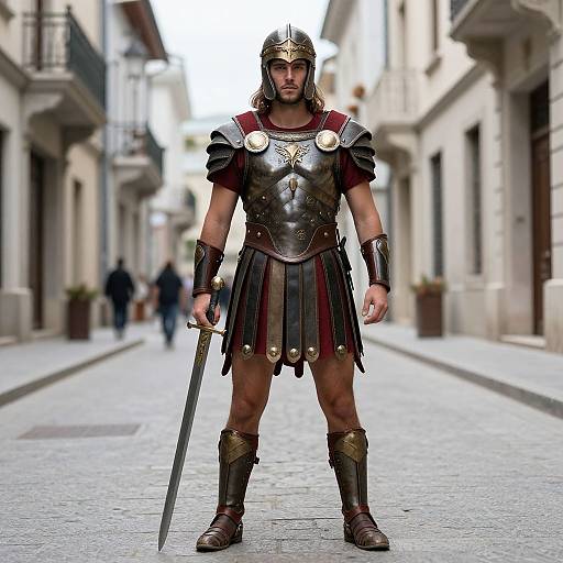Photorealistic CGI of a muscular, serious-looking Roman gladiator in bronze armor, holding a sword, standing in a cobblestone European street.