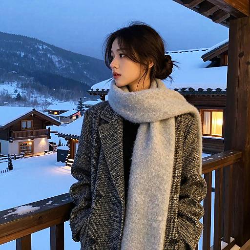 Young Woman in Tweed Overcoat and Scarf on Snowy Balcony