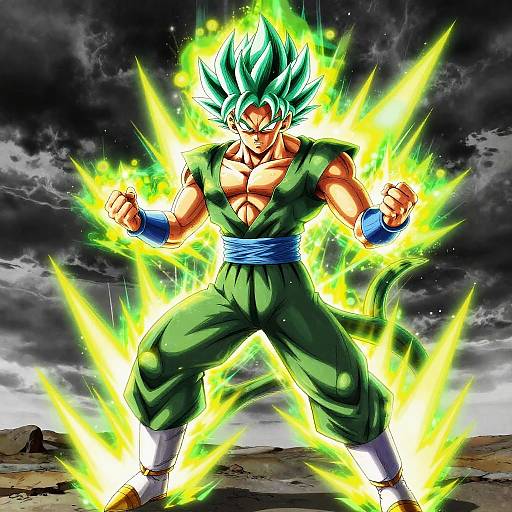 Digital anime-style drawing of Super Saiyan Goku, muscular, green-haired, green gi, glowing yellow energy aura, fists clenched, dark stormy