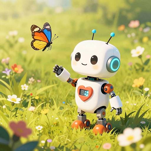 CGI image of a cute, white, robotic teddy bear with blue antenna, orange joints, and a heart-shaped screen, interacting with a colorful