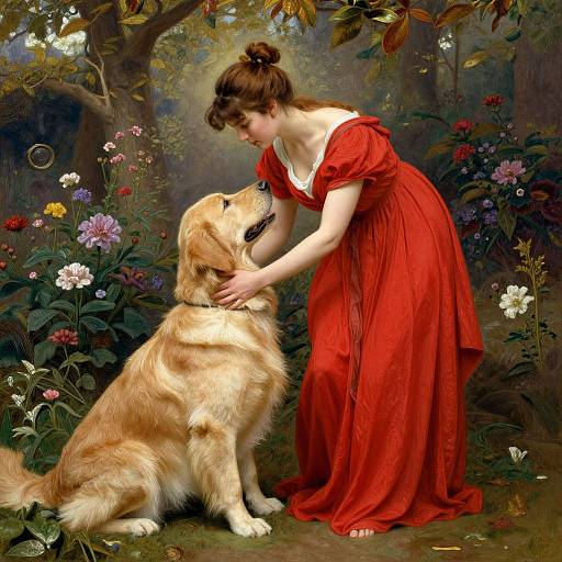 Vibrant painting of a fair-skinned woman in a red dress gently petting a golden retriever amidst a colorful flower garden.