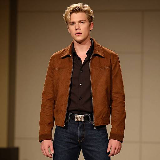 Photograph of a young Caucasian man with blonde hair, wearing a brown suede jacket, black shirt, dark jeans, and a silver belt, walking on