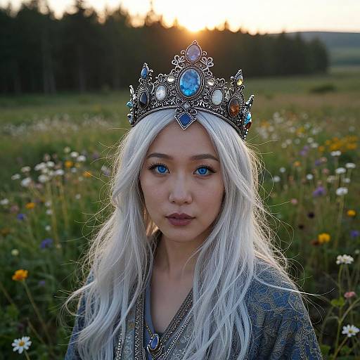 Photograph of a young woman with long white hair, blue eyes, wearing a detailed silver crown with blue gem, in a sunlit meadow of