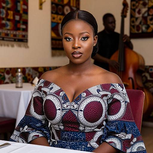 Photograph of a beautiful Black woman with braided hair, wearing a patterned off-shoulder top, seated in a warmly lit room with African
