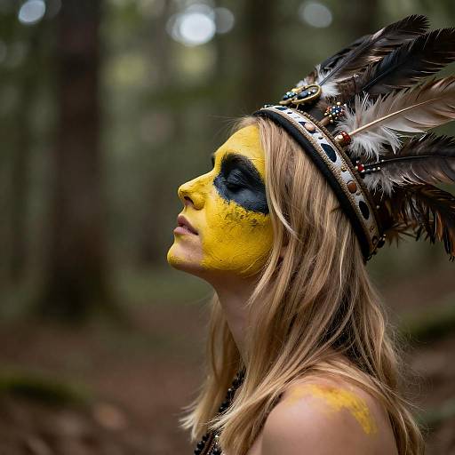 Blonde Figure with Feathered Headdress in Forest