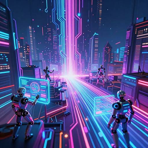 Neon-lit cyberpunk cityscape with four robotic figures in dynamic poses, surrounded by vibrant pink, blue, and purple neon lights. Digital CGI