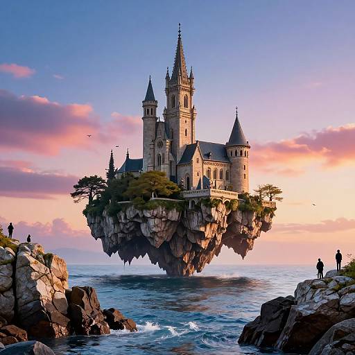 Fantasy photograph of a floating, medieval-style castle with spires, surrounded by rocky cliffs, ocean, and a colorful sunset sky. Small figures stand