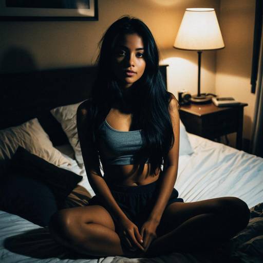 Indian Woman Sitting on Bed in Dimly Lit Room