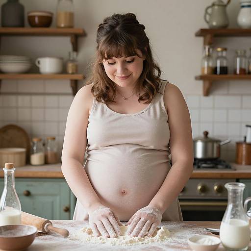 Pregnant woman with brown hair, wearing a white tank top, kneading dough on a wooden kitchen counter, surrounded by milk bottles and utensils