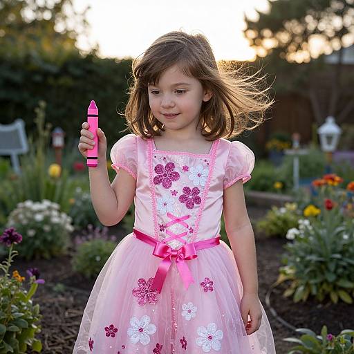 Photograph of a smiling young girl with light brown hair, wearing a pink floral dress and holding a pink flashlight, standing in a colorful garden at sunset