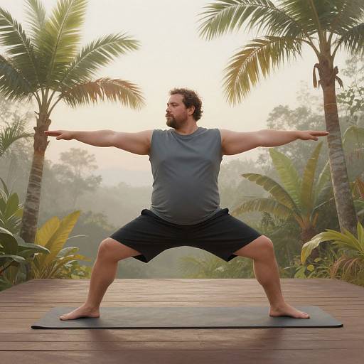 Photograph of a muscular, bearded man in a gray sleeveless shirt and black shorts, performing an outdoor yoga pose on a wooden deck surrounded by
