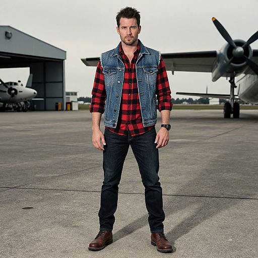 Photograph of a bearded man with short dark hair, wearing a red plaid shirt, denim vest, black jeans, and brown boots, standing