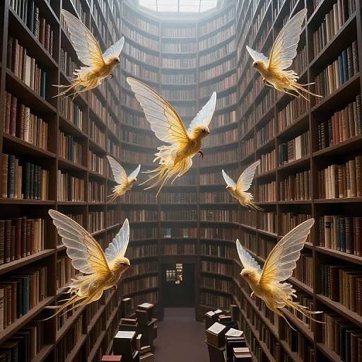 Photograph of a library with six glowing, ethereal golden doves with white wings flying between tall, dark wooden bookshelves.