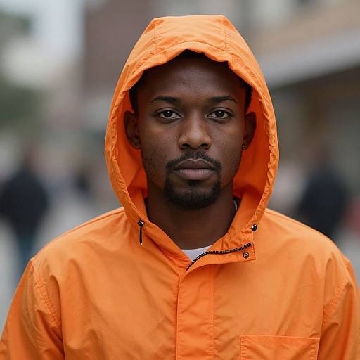 Photograph of a serious-looking Black man with a short beard, wearing an orange hooded jacket, standing in a blurred urban background.