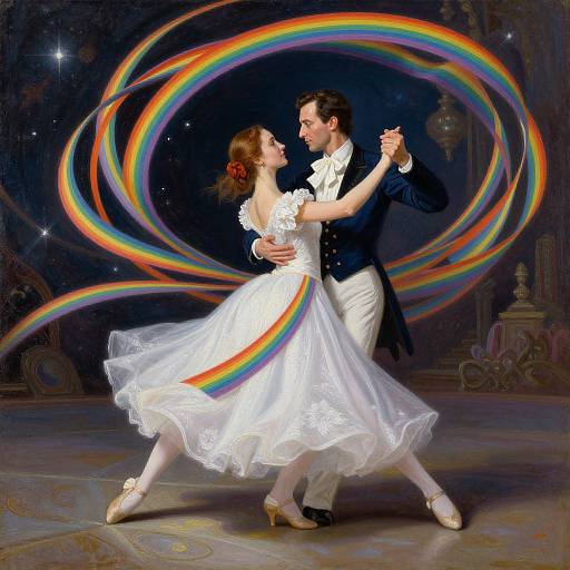 Photograph-style digital art: Dancing couple in white ball gown and black tuxedo, surrounded by vibrant rainbow swirls, in a starry,