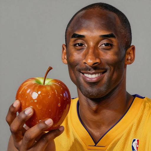 Photograph of a smiling, dark-skinned man with short hair, wearing a yellow sports jersey, holding a shiny red apple against a gray background.