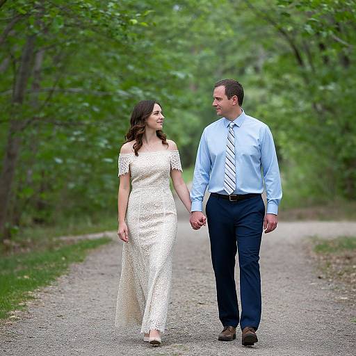 Photograph of a smiling couple walking hand-in-hand on a gravel path through a lush green forest, the woman in an off-shoulder white lace