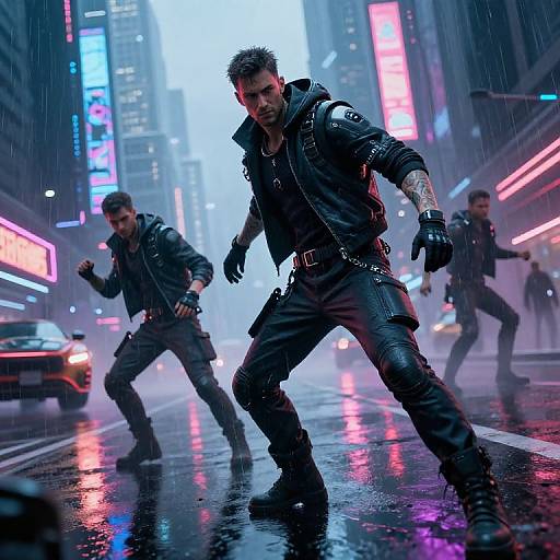 Photorealistic CGI of four muscular men in black leather jackets and gloves fighting in a neon-lit, rainy urban street.