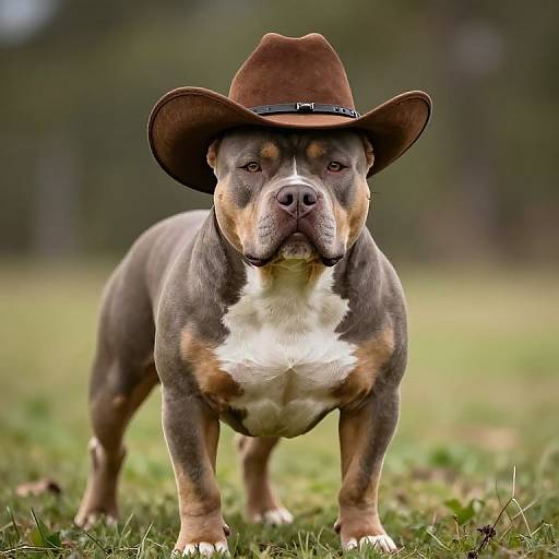 Photograph of a muscular, grey and white American Pit Bull Terrier wearing a brown cowboy hat, standing on green grass with a blurred forest background.