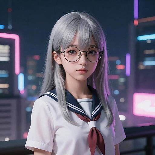 Silver-Haired Teen in Neon City