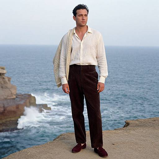 Photograph of a handsome, dark-haired man in a white shirt, black pants, and brown shoes, standing on a rocky cliff overlooking a calm ocean