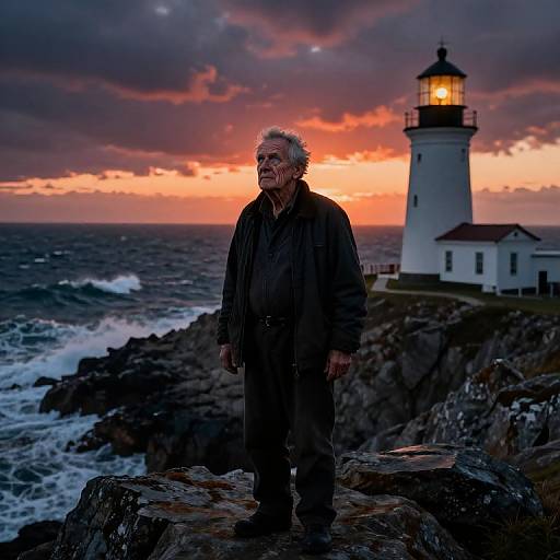 Elderly man with white hair in dark coat stands on rocky shoreline at sunset, lighthouse illuminated in background, waves crashing. Photograph.