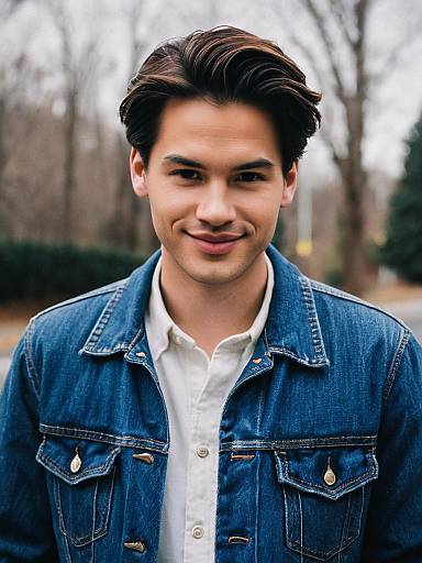 Young Man in Denim Jacket Smiling Outdoors