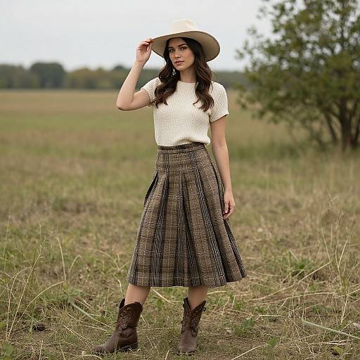 Photograph of a young woman with long dark hair, wearing a white hat, cream knit top, plaid skirt, and brown boots, standing in