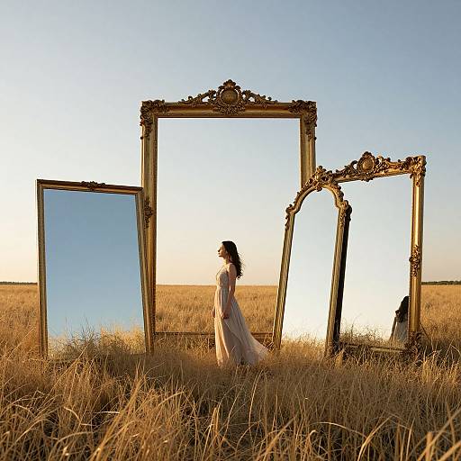 Photograph of a woman in a white dress standing in a golden field, silhouetted against the sunset, with three ornate, empty mirrors
