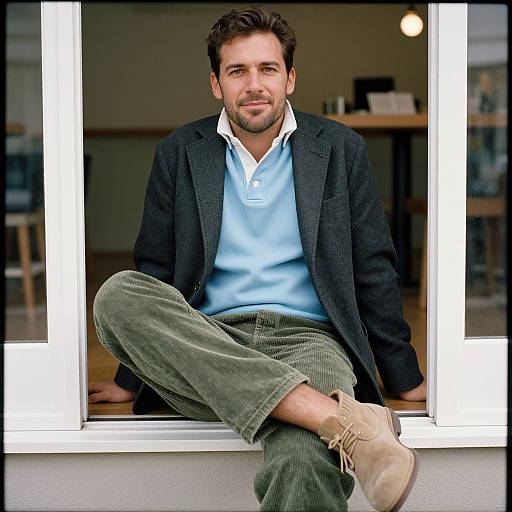 Photograph of a casually dressed, bearded man with dark hair, sitting in a window frame, wearing a blue polo, dark blazer, green