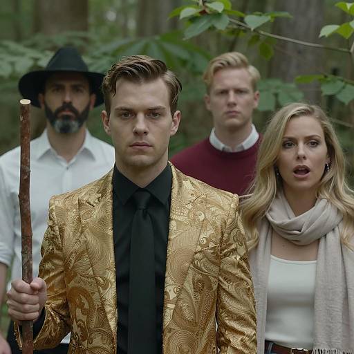 Four People in a Lush Forest Scene