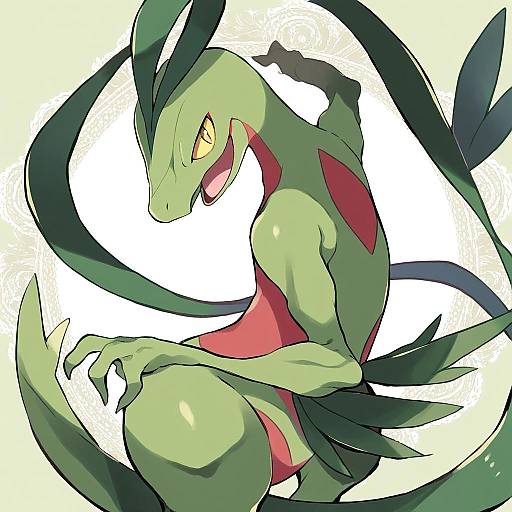 Illustration of Grovyle, pokemon in the style of Yukiwo