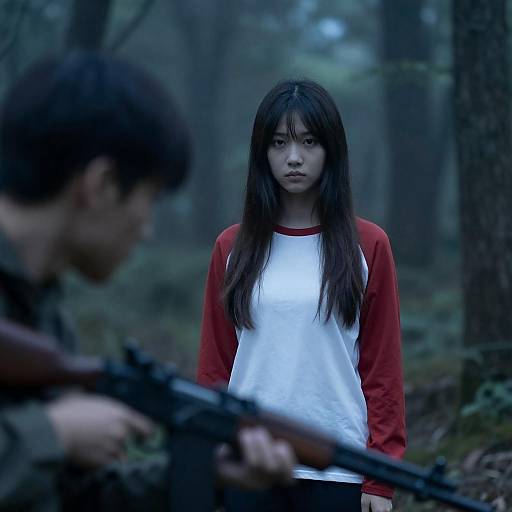 Blue Mist Forest: Woman and Rifle