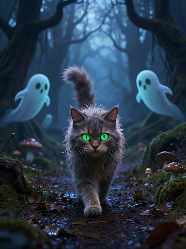 Spooky Stylized Cat in Haunted Forest