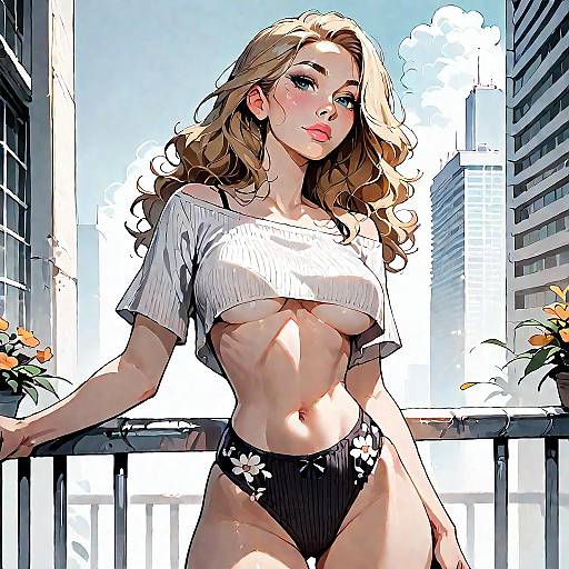 Blonde Woman on City Balcony in Crop Top and Bikini Bottoms