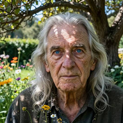 Photograph of an elderly man with long, white hair, blue eyes, and wrinkled skin, standing in a sunlit, colorful garden.