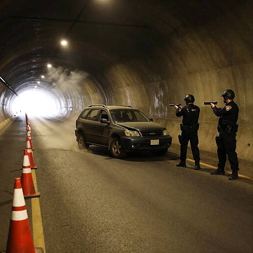 Police Officers Confront Car Crash in Tunnel