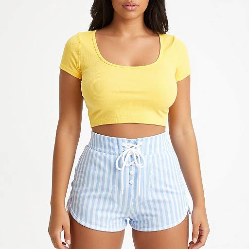 Photograph of a woman with medium brown skin, long black hair, wearing a yellow ribbed crop top and white striped high-waisted shorts.