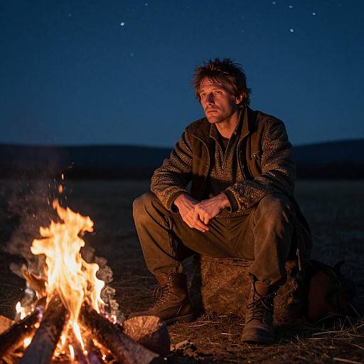 Photograph of a rugged man with tousled hair, wearing a textured brown jacket, squatting by a glowing campfire under a starry night sky